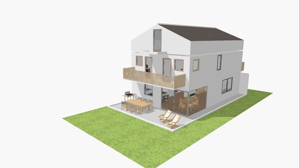 Modern two-story white villa with balcony, terrace, and garden furniture.
