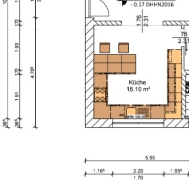 Grundrissplan einer Küche mit Insel und Arbeitsbereich im Zentrum des Grundrisses