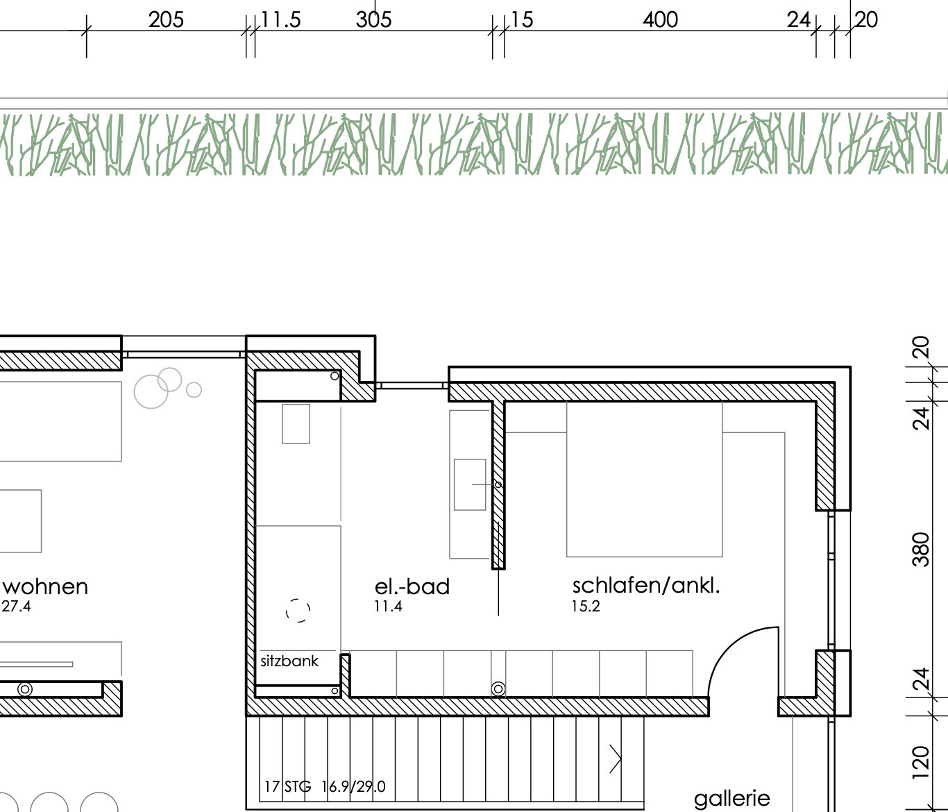 Floor plan of a living/sleeping area with bathroom, seating area, bench, gallery, and garden.