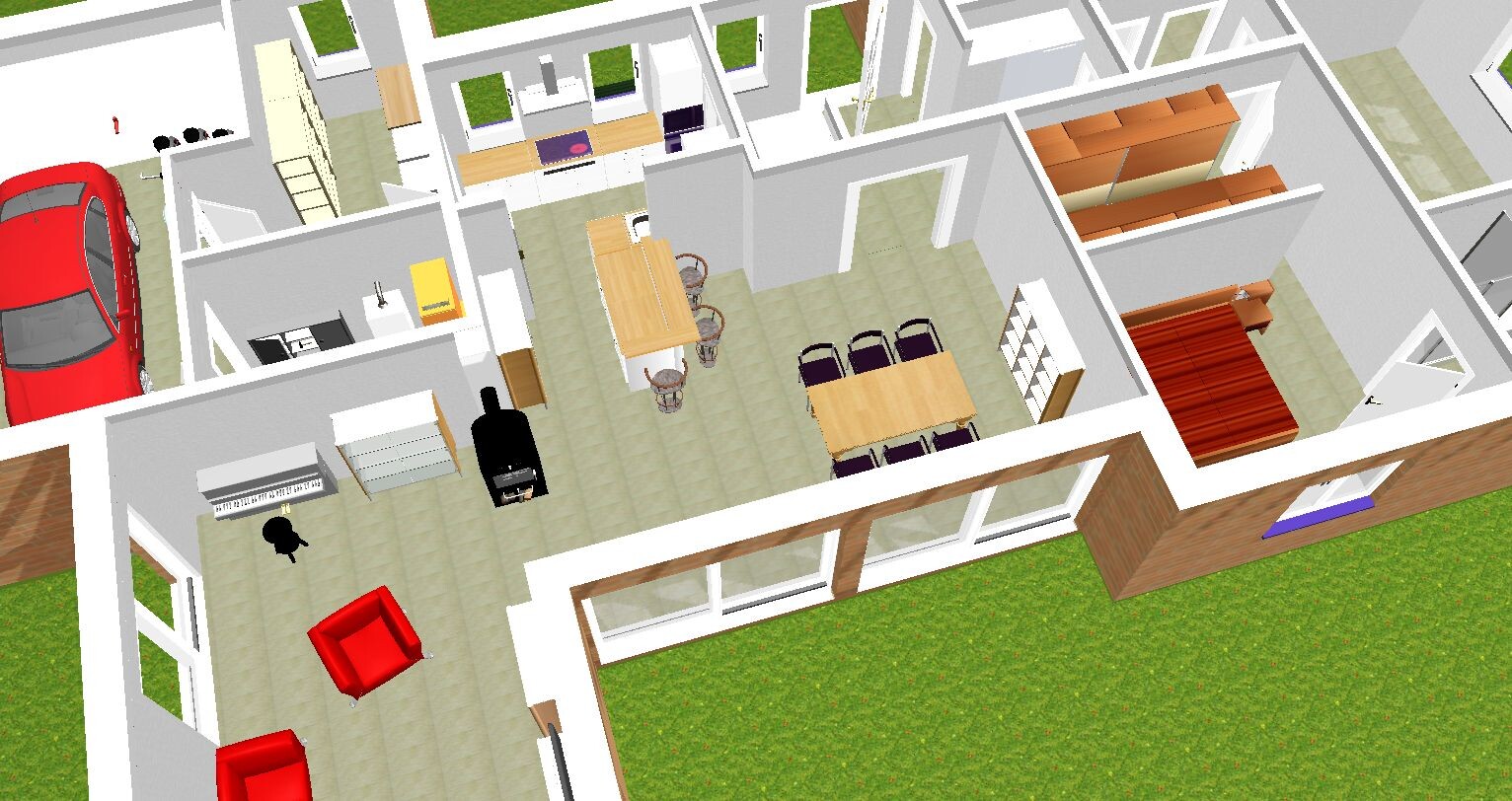 3D-Floorplan eines Hauses: Garage mit rotem Auto, Küche mit Insel, Essbereich, Wohnzimmer, Garten.