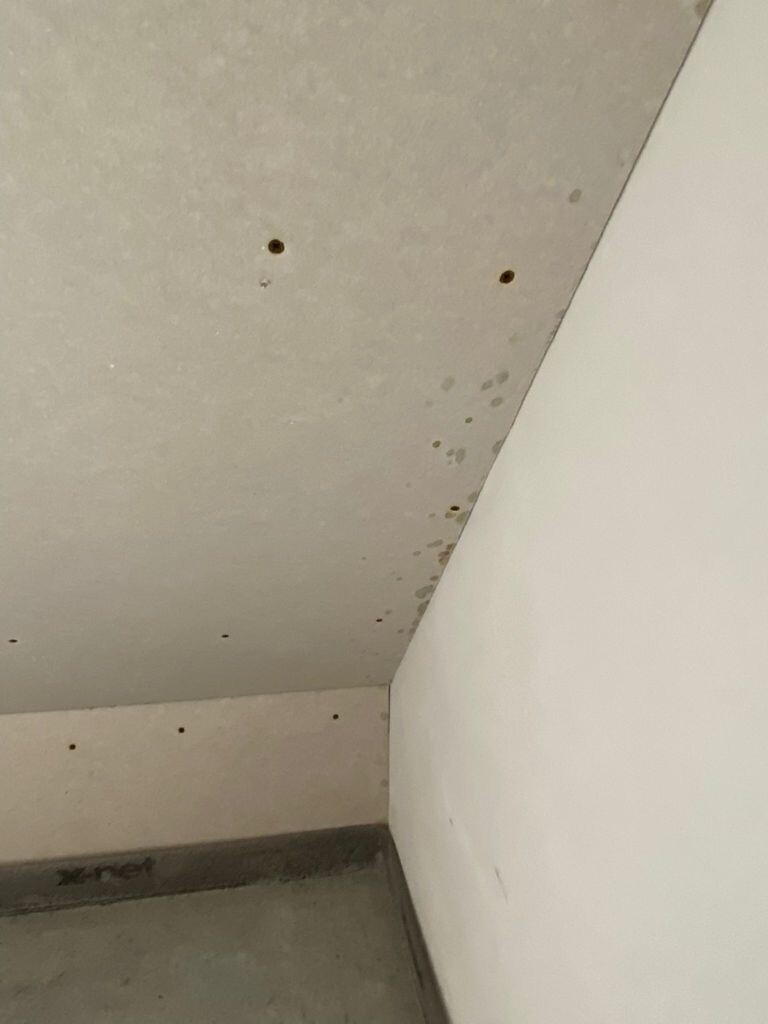 Corner view of a room: sloped ceiling with screw holes and brown stains.