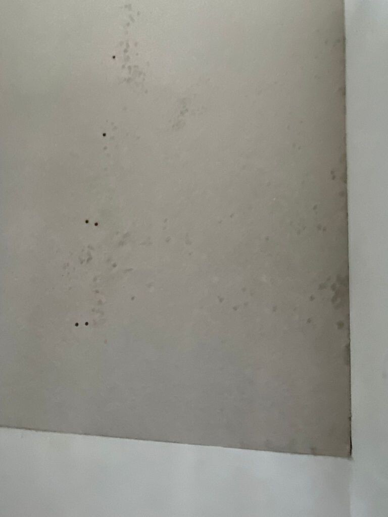 Beige wall with small dark spots and a lighter edge at the bottom.