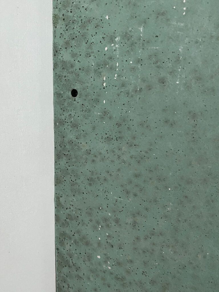 Two adjacent wall surfaces: left smooth white wall, right greenish, blotchy concrete wall.
