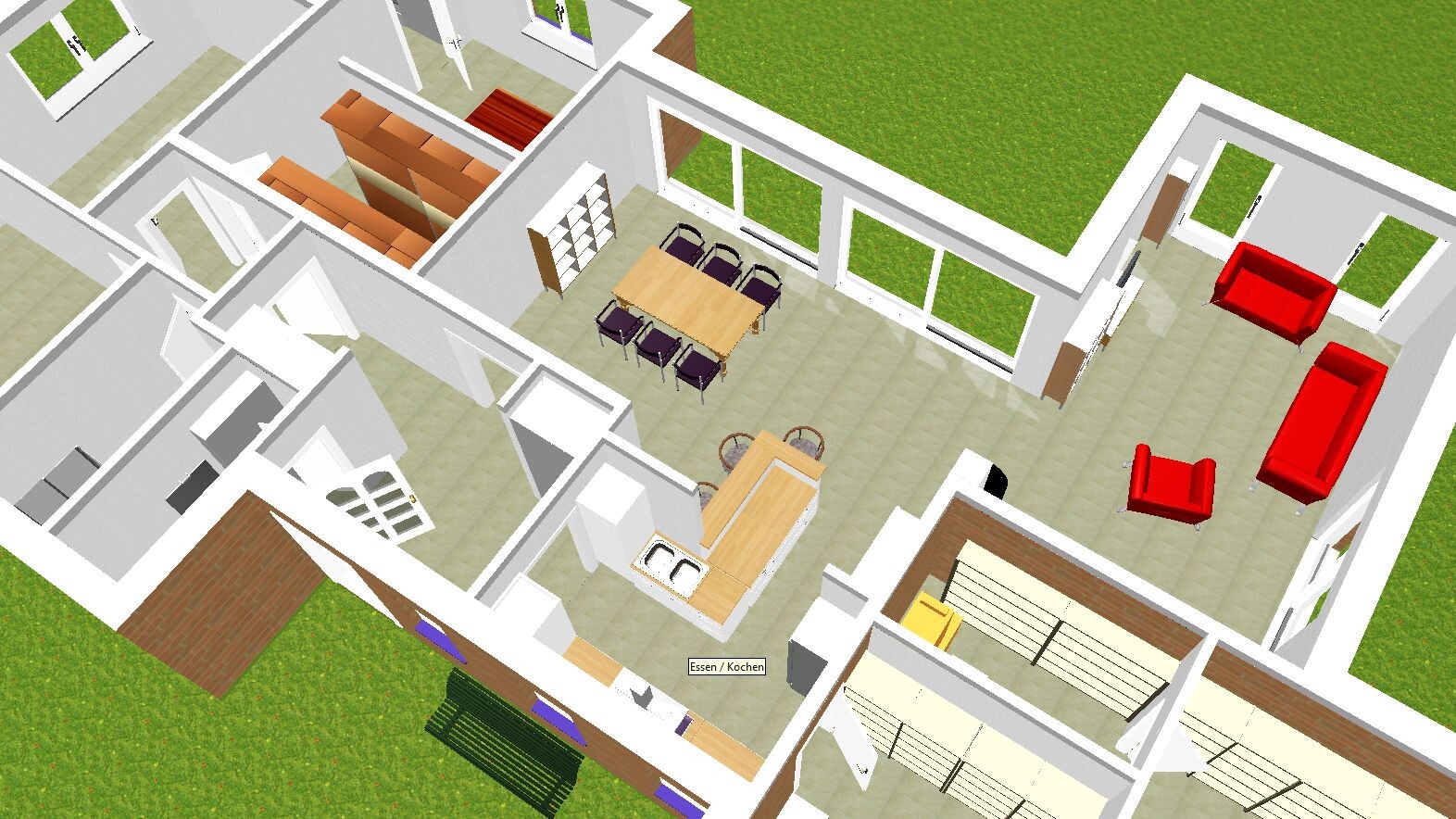 3D-Grundriss eines Hauses: Offener Wohnbereich mit rotem Sofa, Esstisch, Küche und Glastüren.