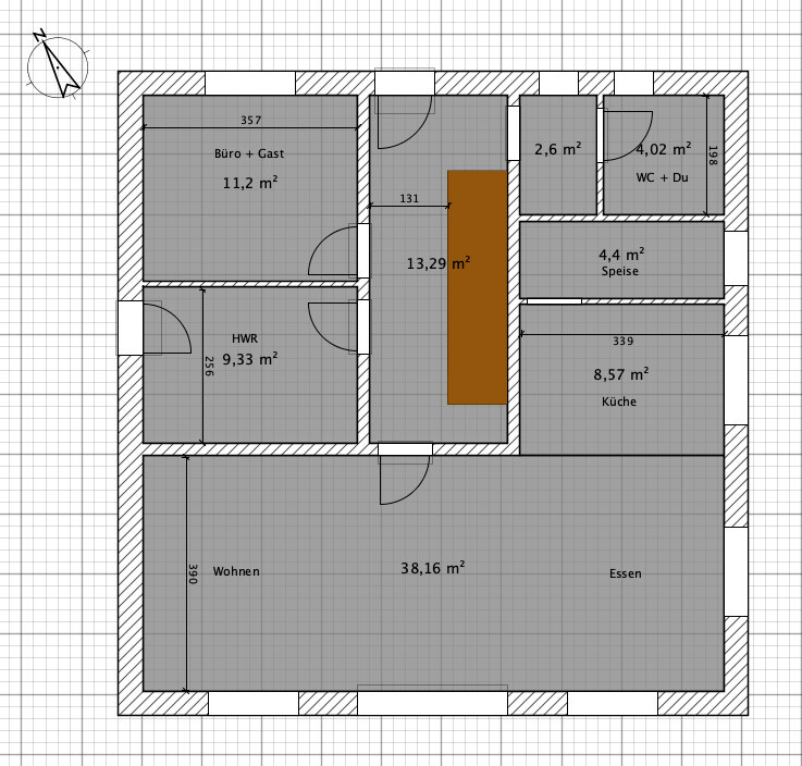 Detailed floor plan of a house with living and dining area, kitchen, office, guest room, and utility room