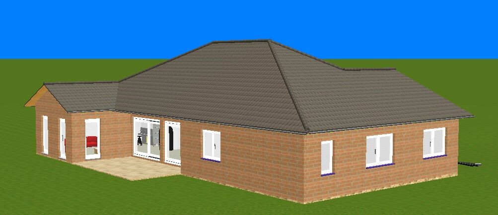 3D-Render eines roten Backstein-Hauses mit großem Walmdach, Terrasse und Rasen.