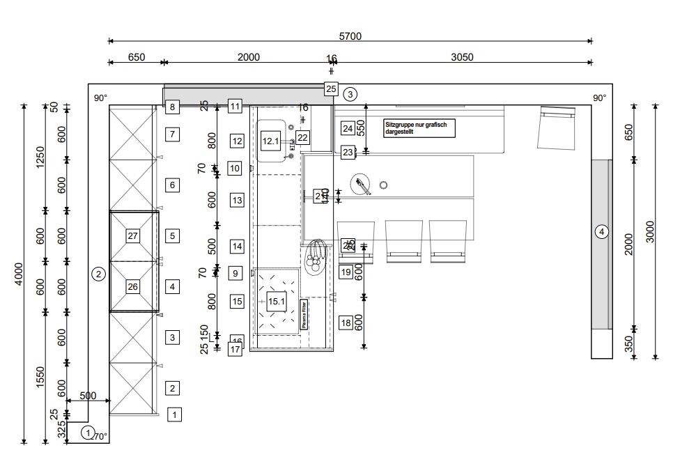 Floor plan of a living and work area with seating group, table, workspace and dimension lines.
