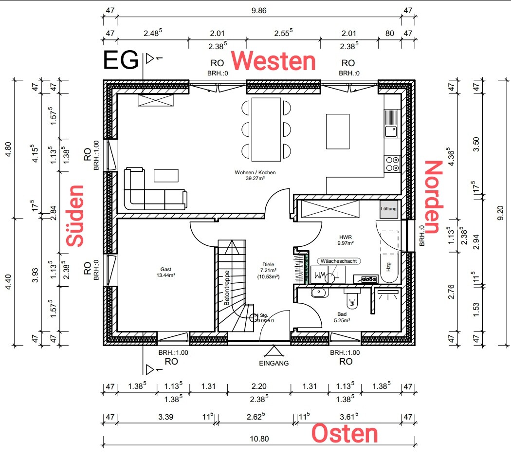 Grundriss EG: Wohnen/Küche, Gast, Diele, Bad, HWR; Westen/Osten/Süden.