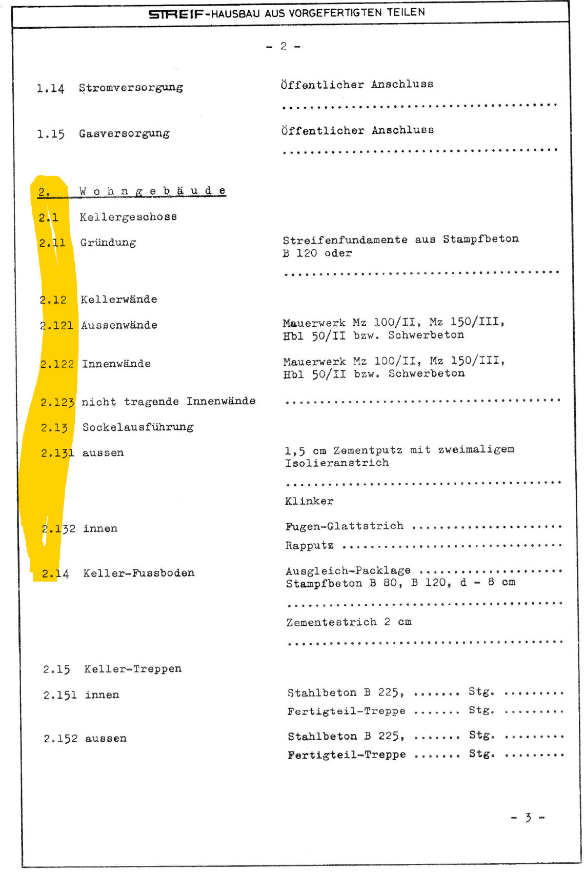 Seite eines Baukalkulationsdokuments mit Abschnitt 2: Wohngebäude und gelber Randmarkierung.