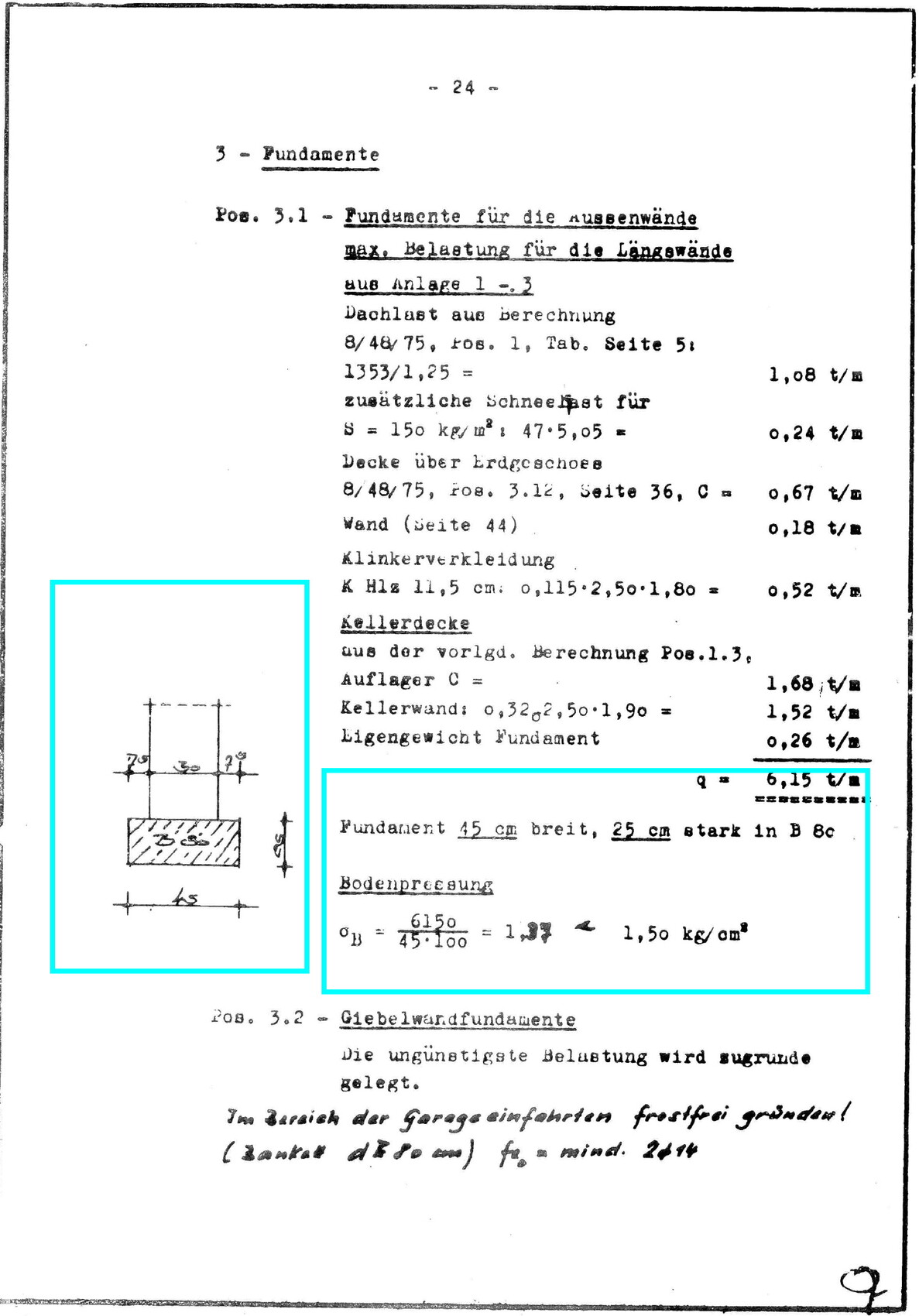 Technische Zeichnung eines Fundaments mit Skizze links und Text mit Maßen rechts.