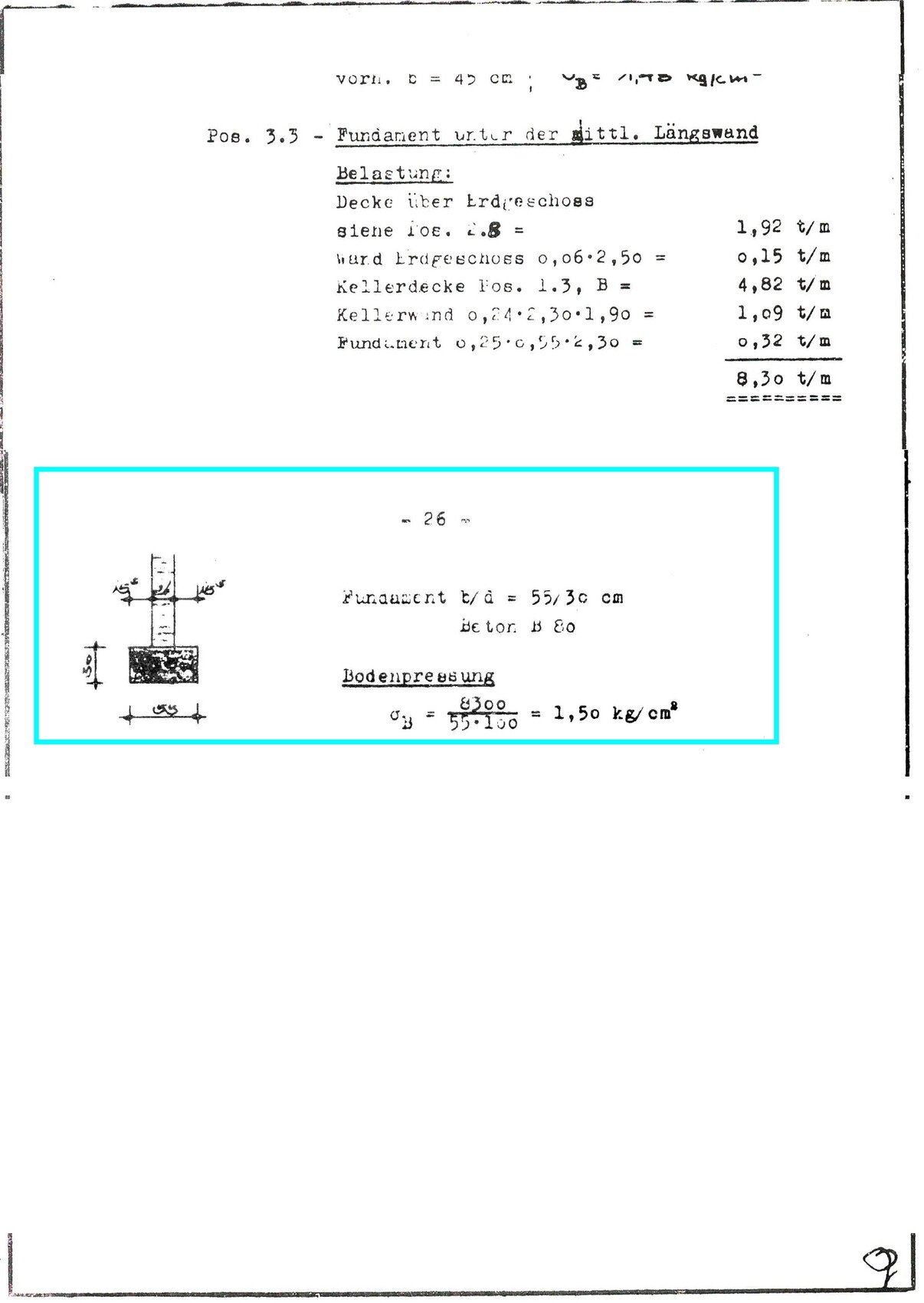 Technische Zeichnung eines Fundaments mit Belastungstabelle und Skizze der Bodenpressung.