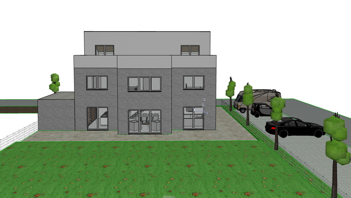 Modern two-story gray 3D house model with garden, driveway and cars