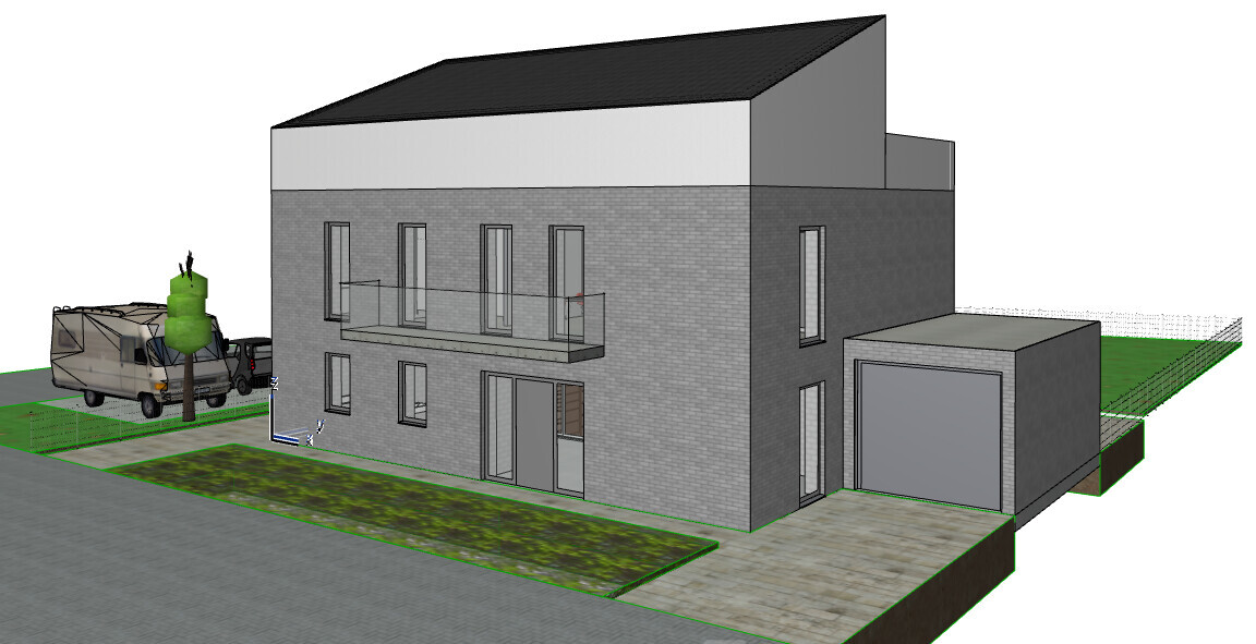 Modern gray house with balcony, garage and front yard; delivery van in front.