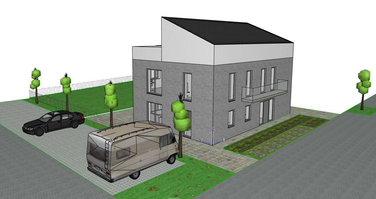 Modern gray two-story flat-roof house; motorhome and car in front; trees and garden.