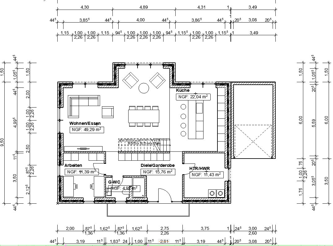Ground floor plan: Living/dining, kitchen, hallway/closet, office, utility/technical room, WC.