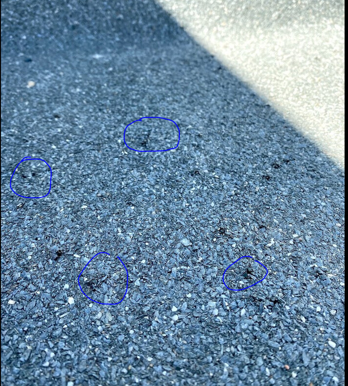 Five small dark holes in rough asphalt next to a light concrete edge.