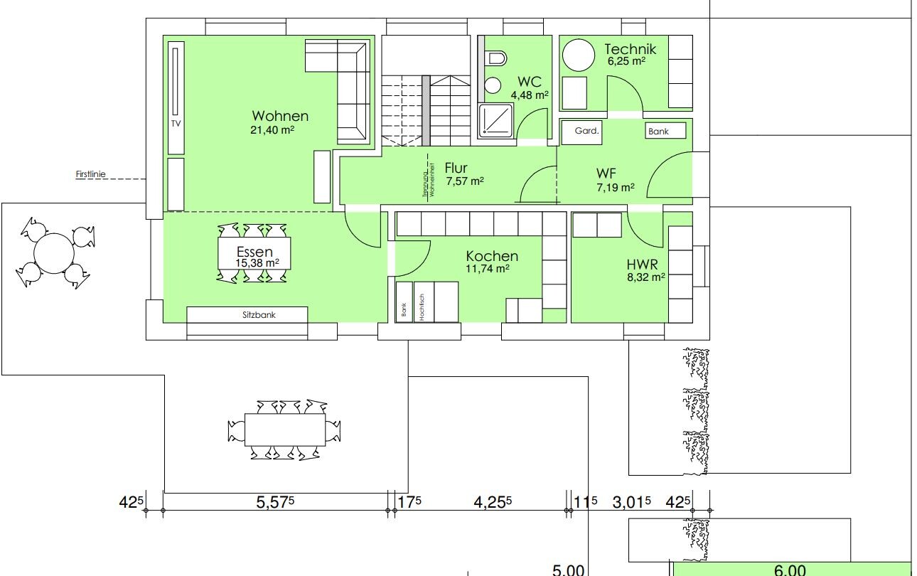 Ground floor plan: living, dining, kitchen, hallway, WC, washing facilities, technical room, utility room; outdoor area with dining table