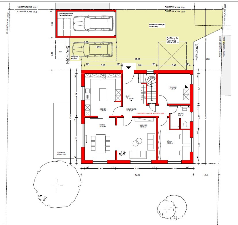 Floor plan of a single-family house: carport, terrace, kitchen, dining, living and office.