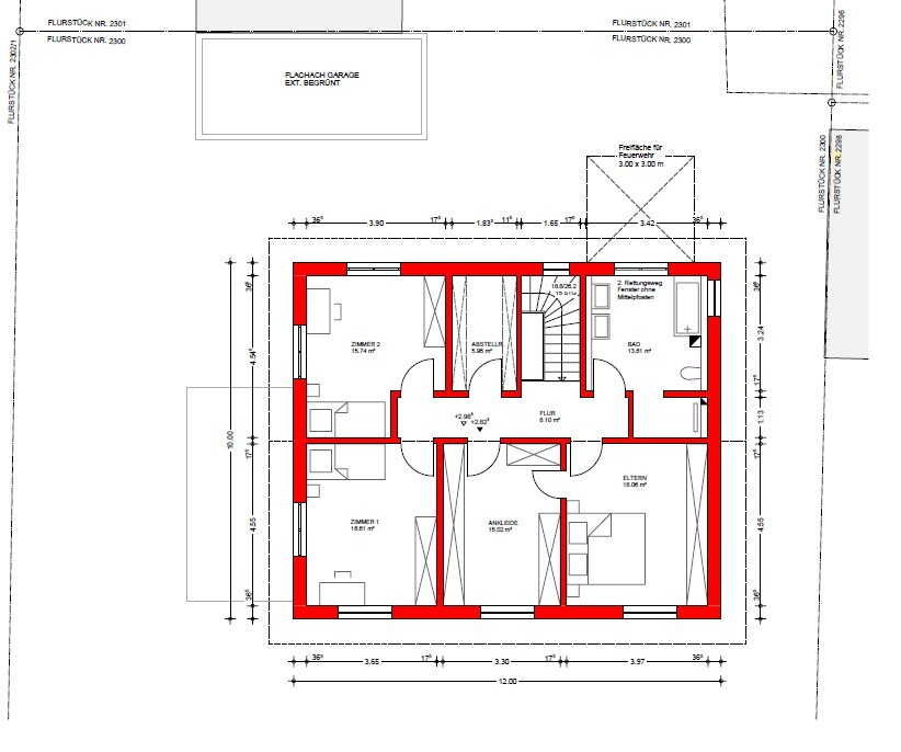 Floor plan of a house: red outline of exterior walls, rooms, dressing room, bathroom, hallway.