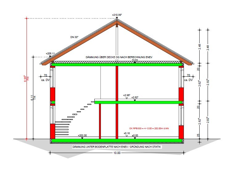 Section through a two-story house: roof structure, stairs, insulation, and slab-on-grade foundation visible.