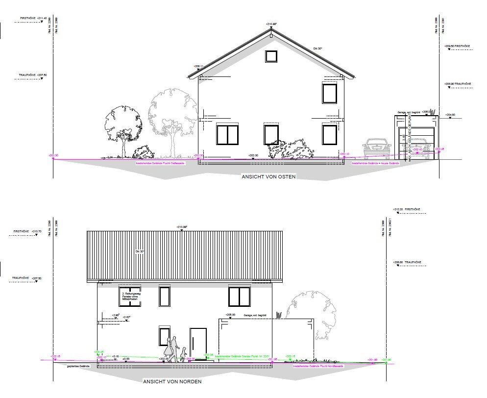 Residential building views from east and north with garden, garage and car.
