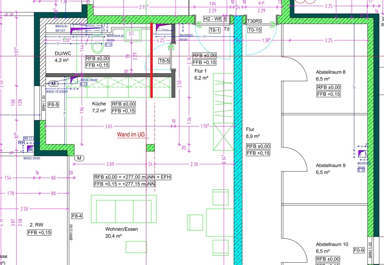 Floor plan: kitchen, living/dining, hallway, storage rooms; doors, dimensions.