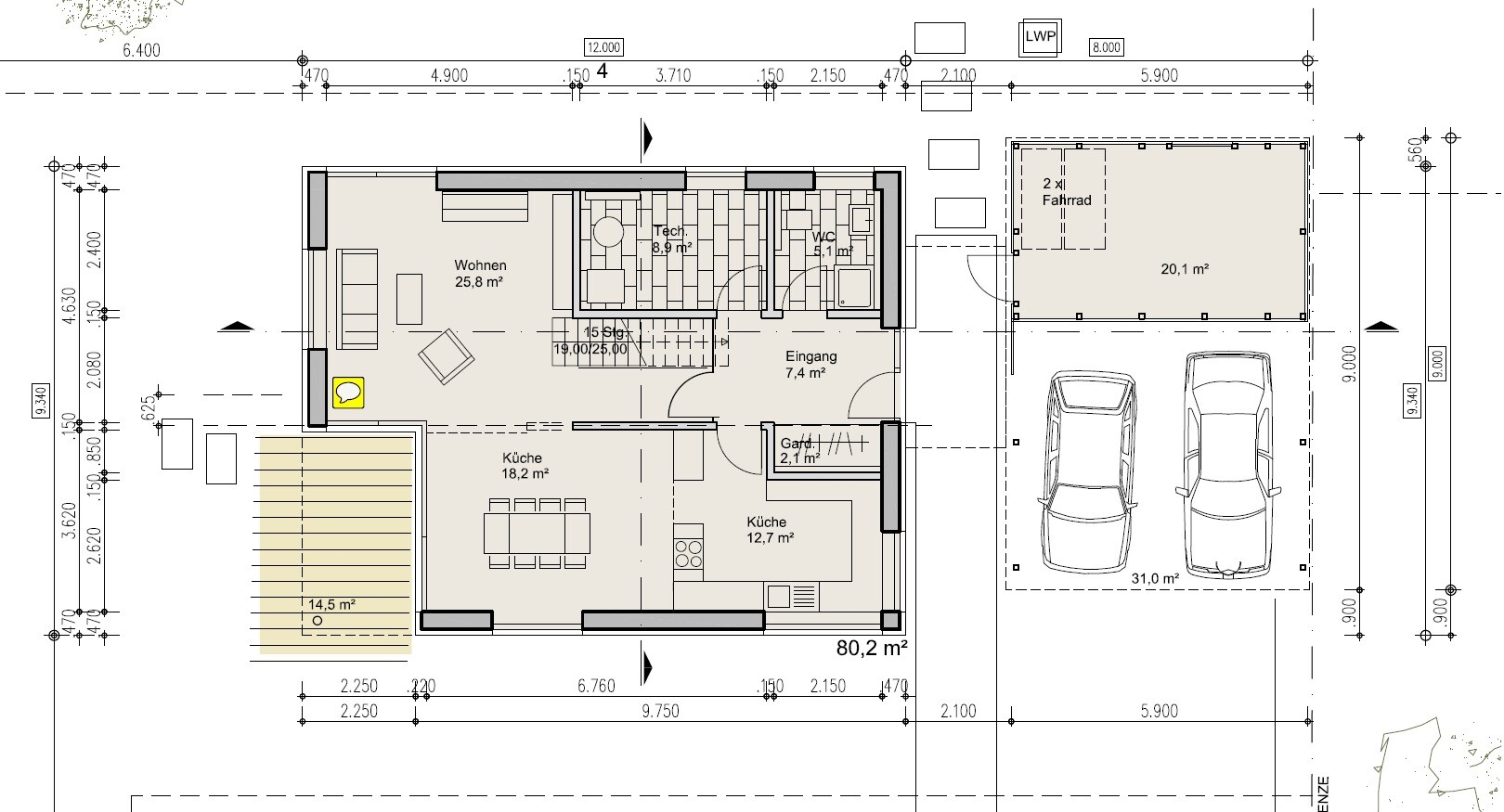 Grundriss eines Hauses: Wohnen 25,8 m², Küche 18,2 m², Eingang 7,4 m², Garage für zwei Autos.