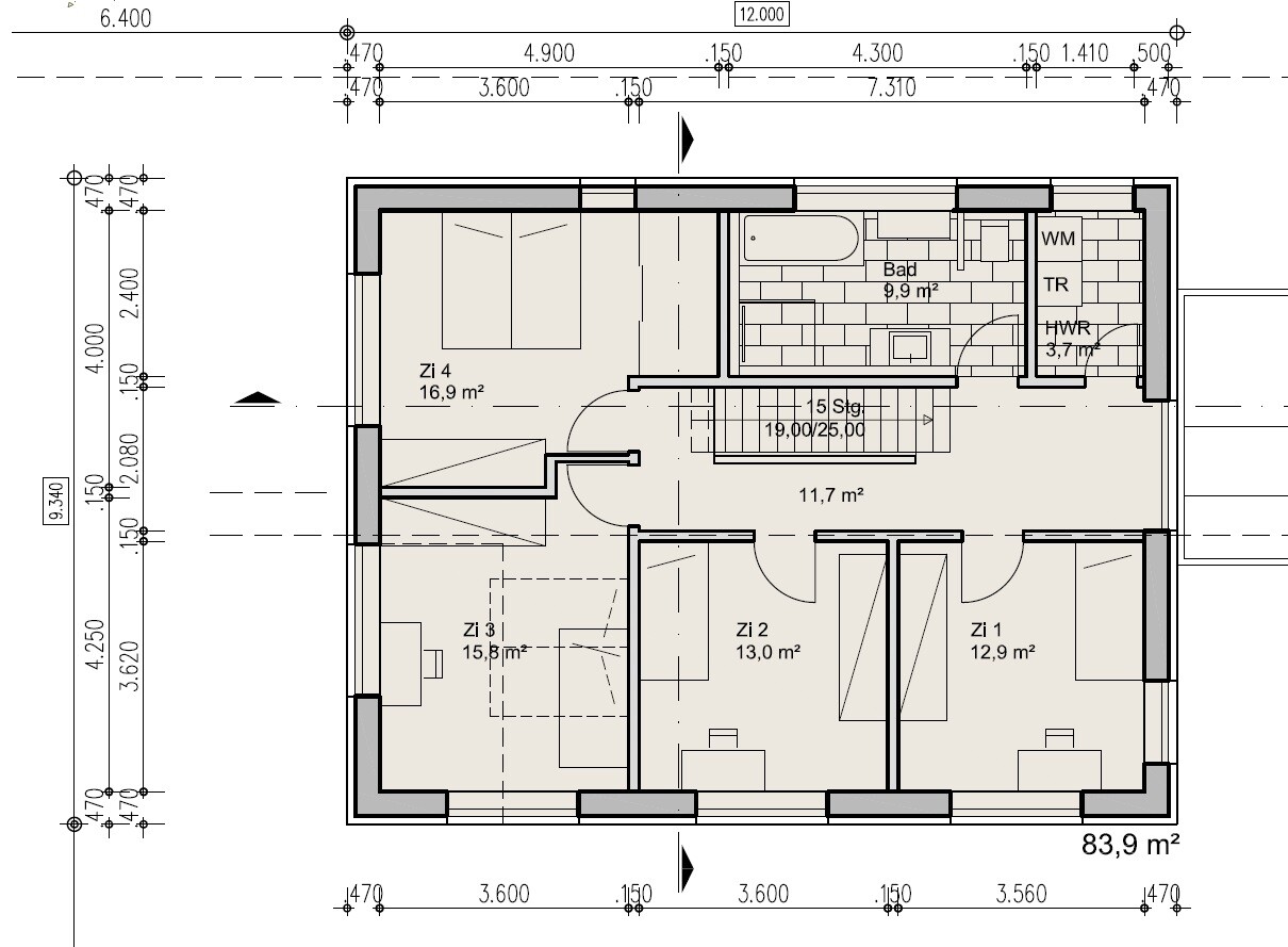 Grundriss eines Wohnhauses: Vier Schlafzimmer (Zi 1–4), Flur, Bad, Treppe und Technik-/HWR-Raum.