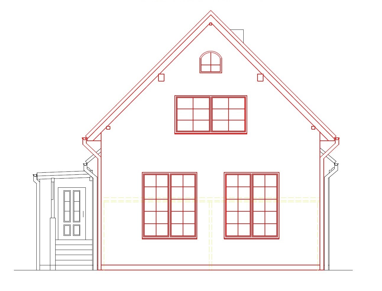 Front view of a house as a red architectural drawing with roof, windows, and entrance on the left.