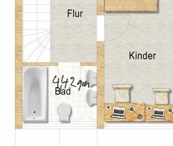 Grundriss-Ausschnitt mit Flur, Bad und Kinderzimmer in einem Hausplan.