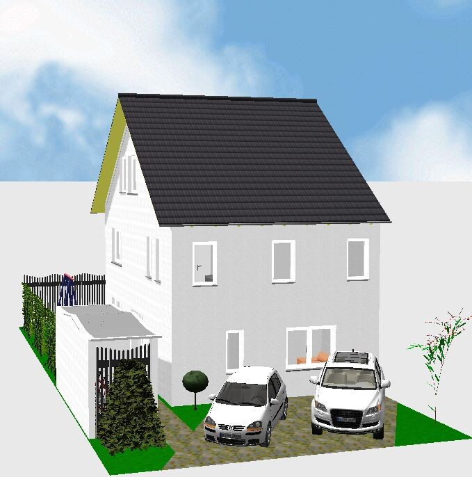 Zweistöckiges Haus mit grauer Fassade, schwarzem Dach und zwei Autos im Hof.