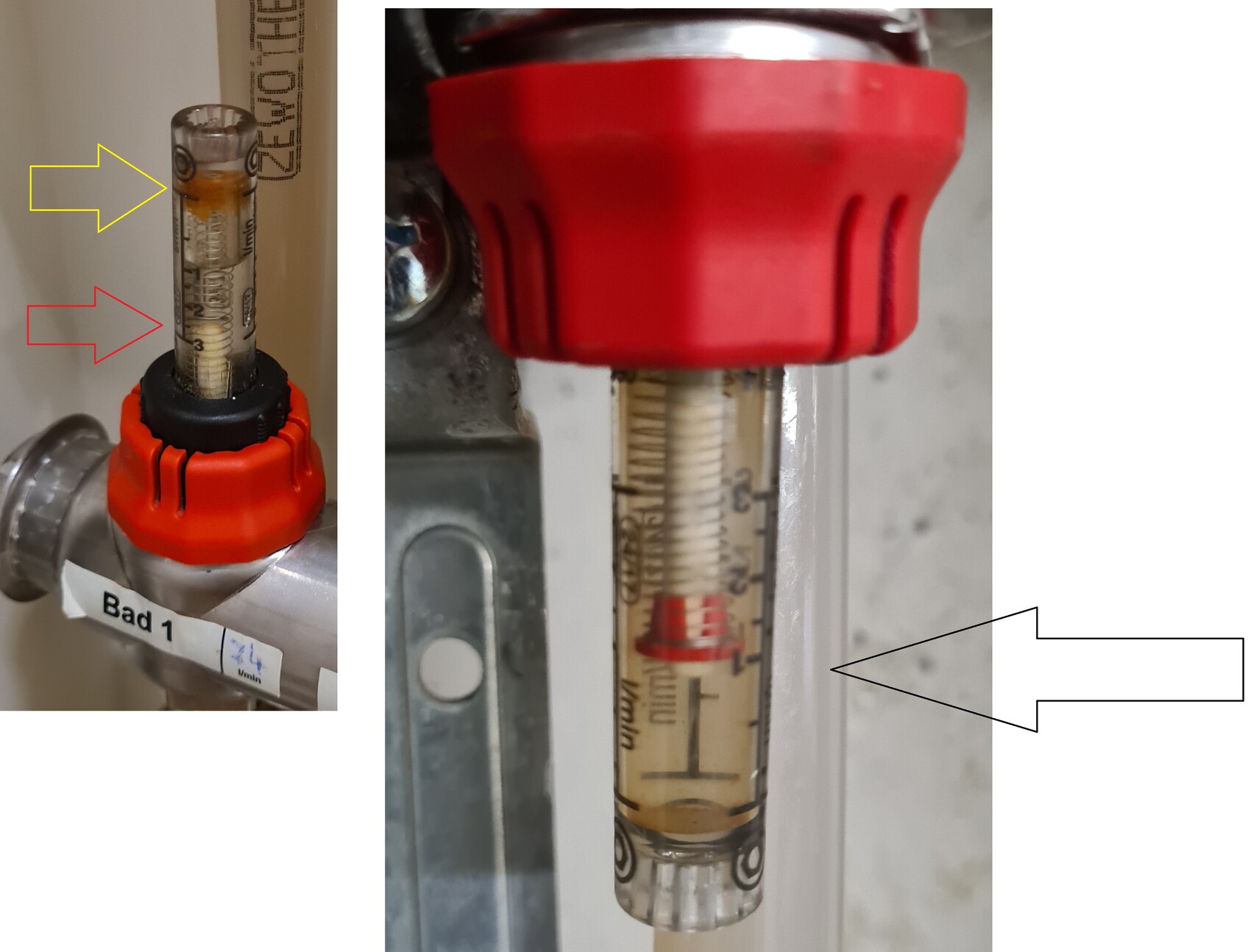 Close-up of a shut-off valve with transparent measuring tube and red handle, Bathroom 1.