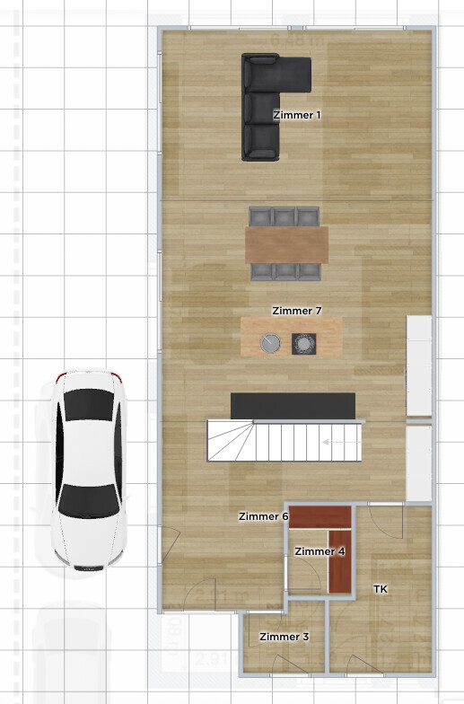 Floor plan: Car on the left, Room 1 at the top, Room 7 as dining area, stairs in the middle, Rooms 3/4/6 at the bottom, technical room.