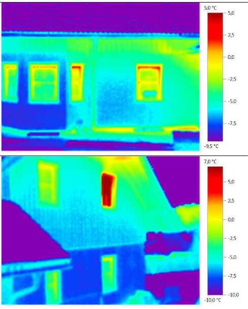 Thermal image of a building façade with windows and roof areas showing temperature differences.