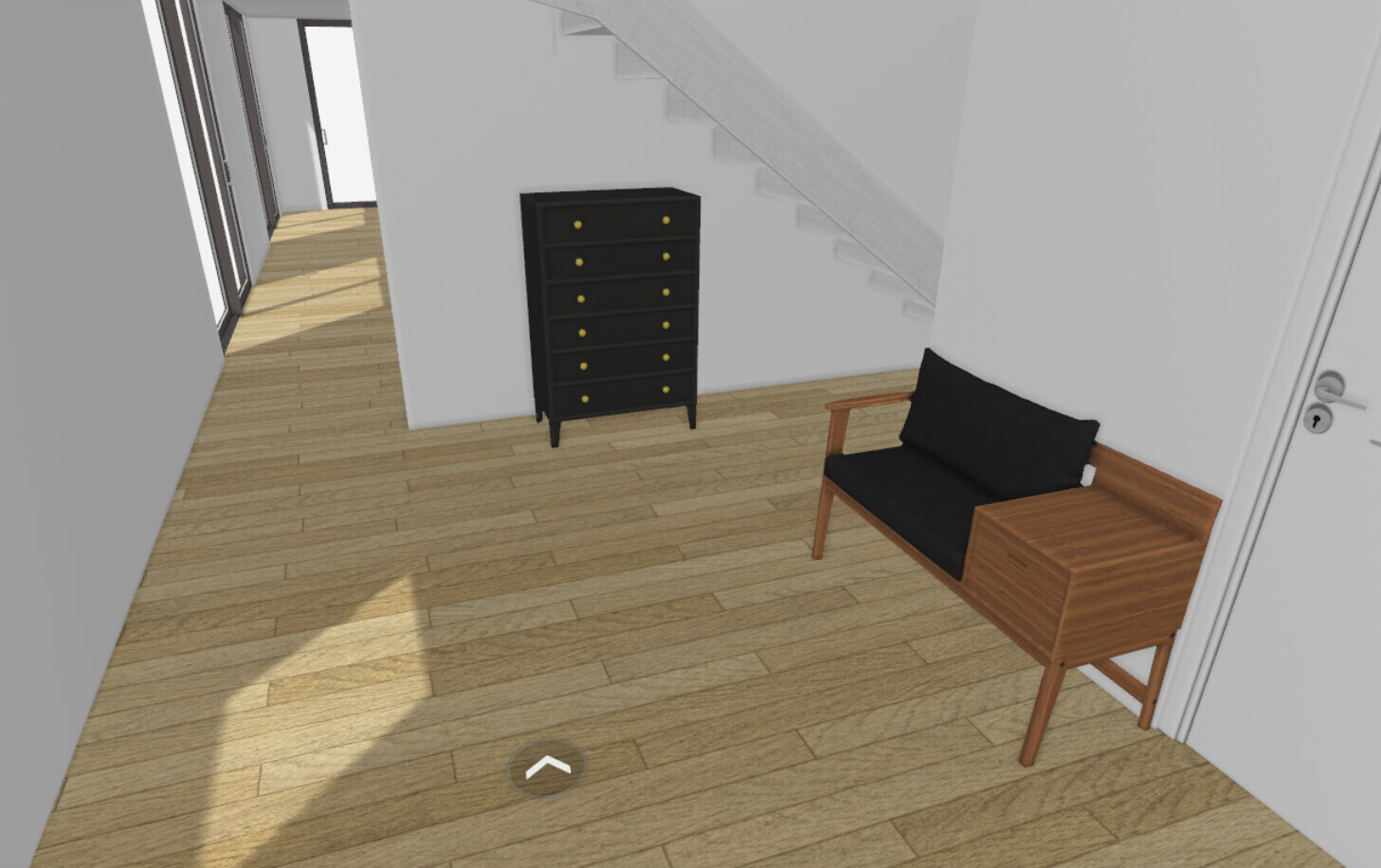 Entrance area with stairs, black dresser, and black wooden bench on wooden floor.