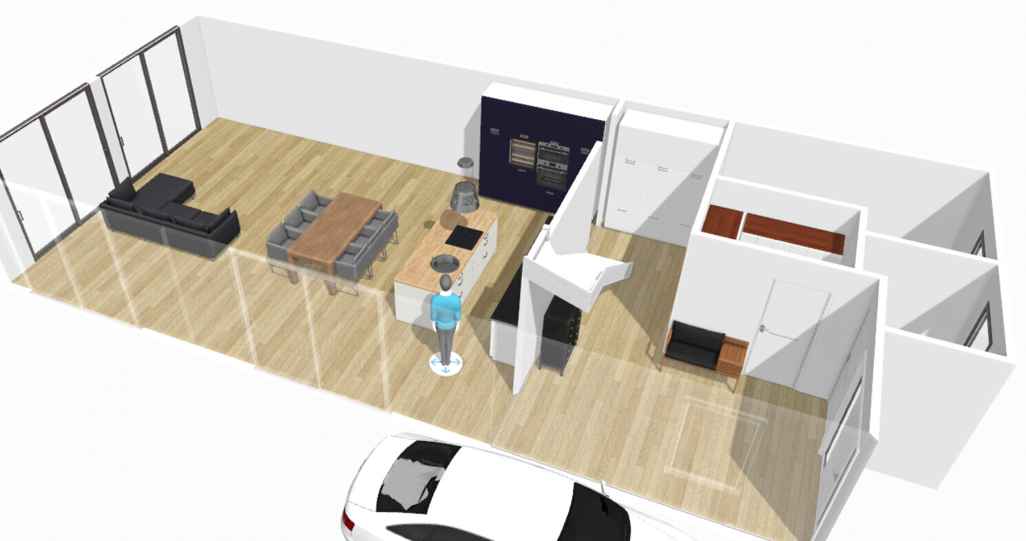 3D floor plan of a modern apartment: open kitchen with island, dining table, sofa, hallway, car in front of the house.