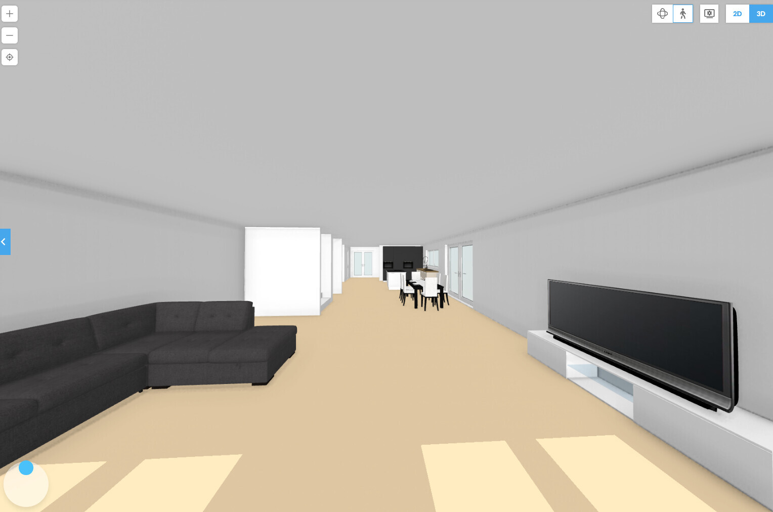 Open living and dining area with gray sofa set, television, dining table, and large windows.