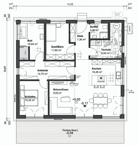Floor plan of a house: Living/Dining, Kitchen, Sleeping, Bathroom, Dressing room, Office, Hallway, Terrace
