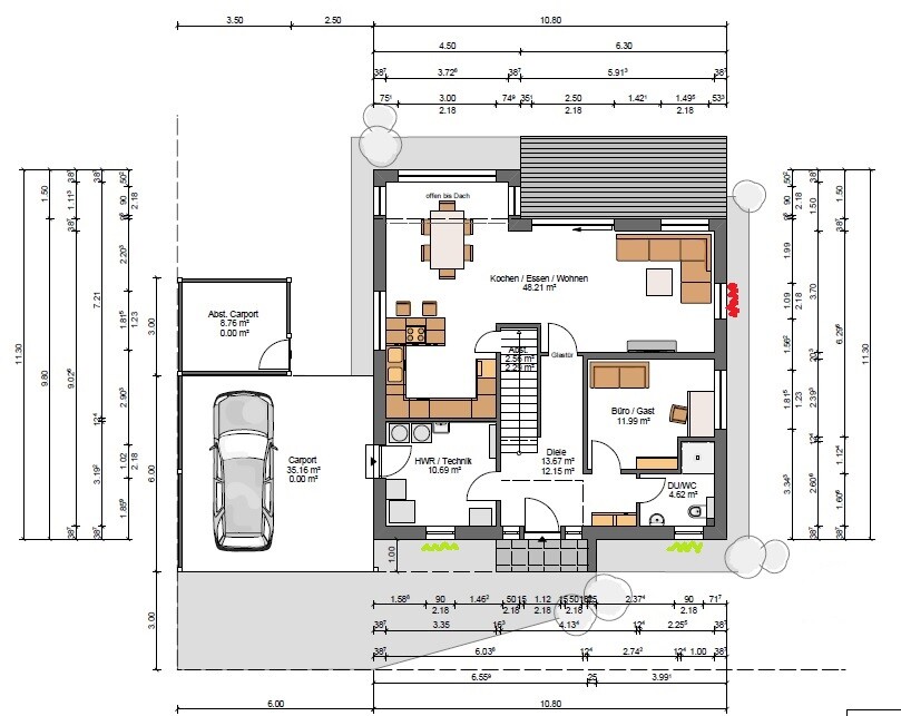 Floor plan of a single-family house: kitchen, living, dining, office, hall, utility room, carport.