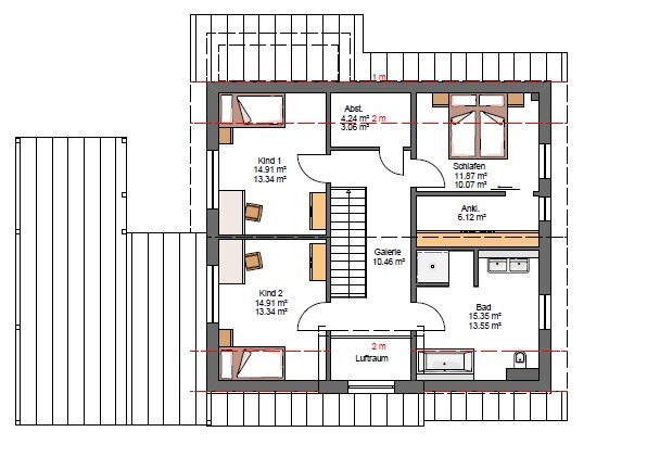 Floor plan of the upper floor with bedroom, two children’s rooms, bathroom, and gallery.