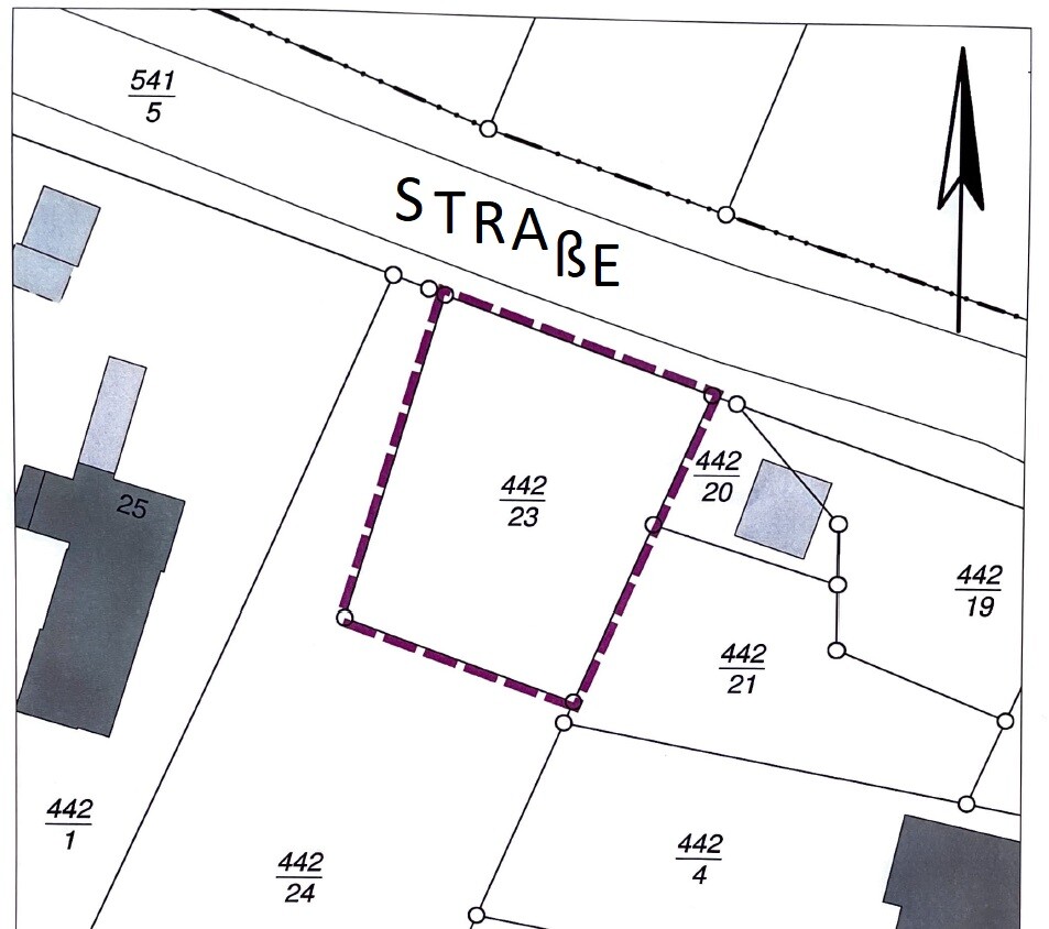 Site plan: plot 442/23 with purple outline at the street, surrounding buildings