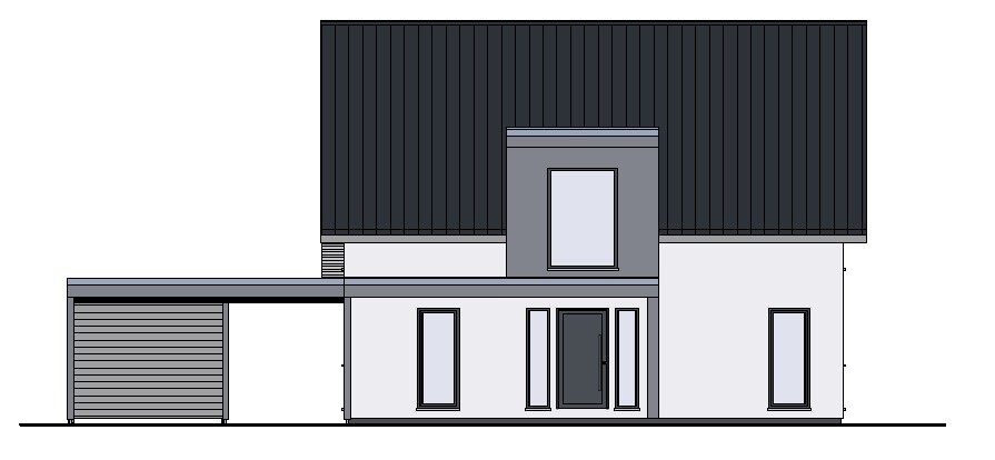 Modern two-story house facade with dark roof, entrance door, and garage.
