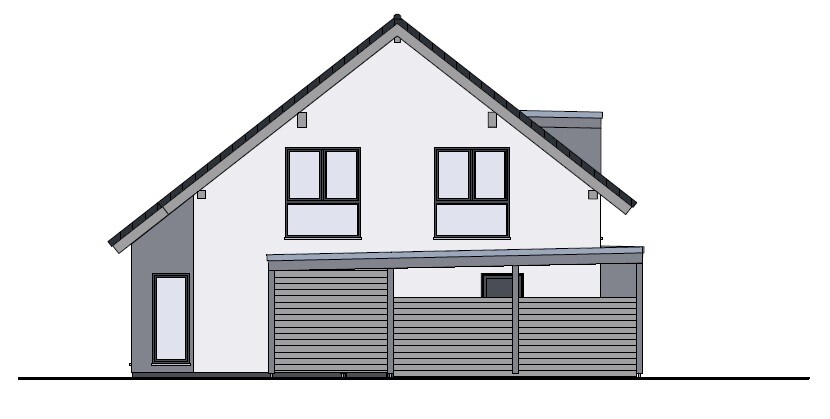 Modern single-family house with gable roof, white facade, two windows, and carport