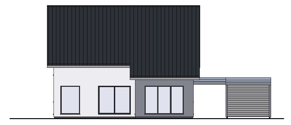 Modern house facade with dark mansard roof, large windows, and attached garage.