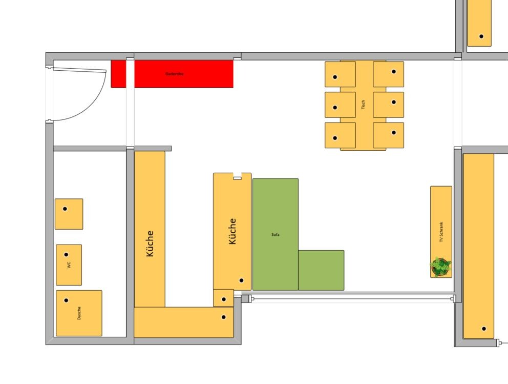 Floor plan of a living/kitchen area with dining table, sofa, kitchen unit, wardrobe and WC/shower.