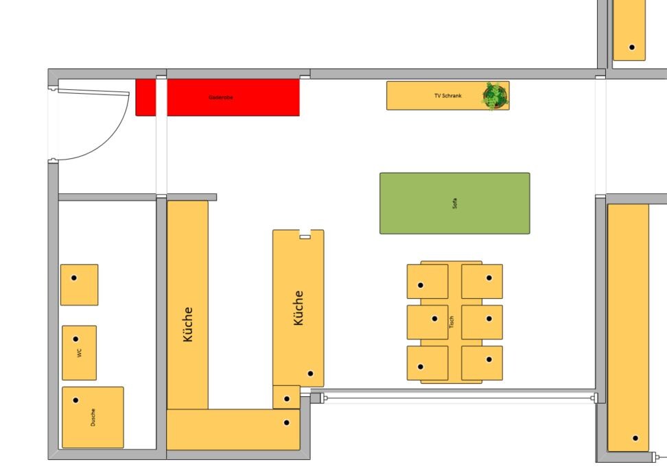 Floor plan: Kitchen on the left, dining table with chairs on the right, green sofa, wardrobe above, TV cabinet.