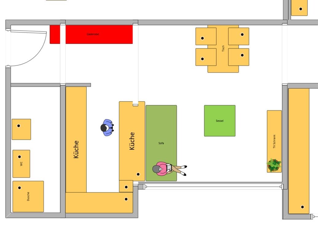 Apartment floor plan: Kitchen on the left, living area with sofa, armchair, dining table, wardrobe.