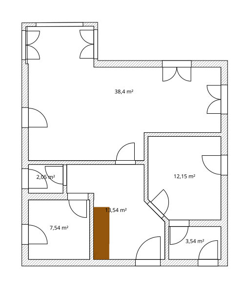 2D floor plan of a house with multiple rooms, doors and size indications in m²