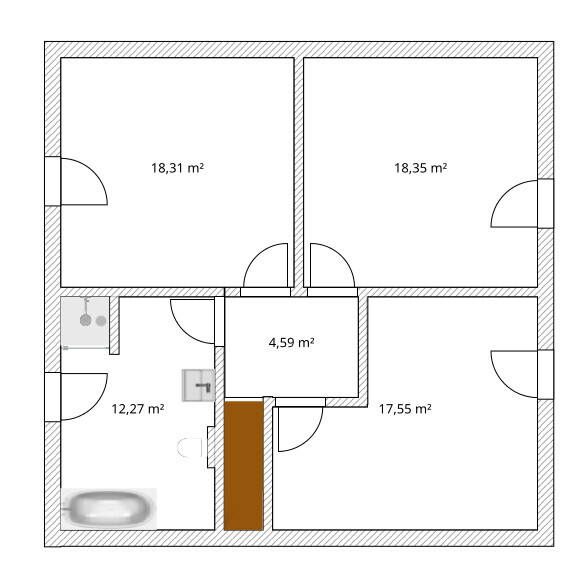 Detailed floor plan of a house with several rooms, doors and measurements.