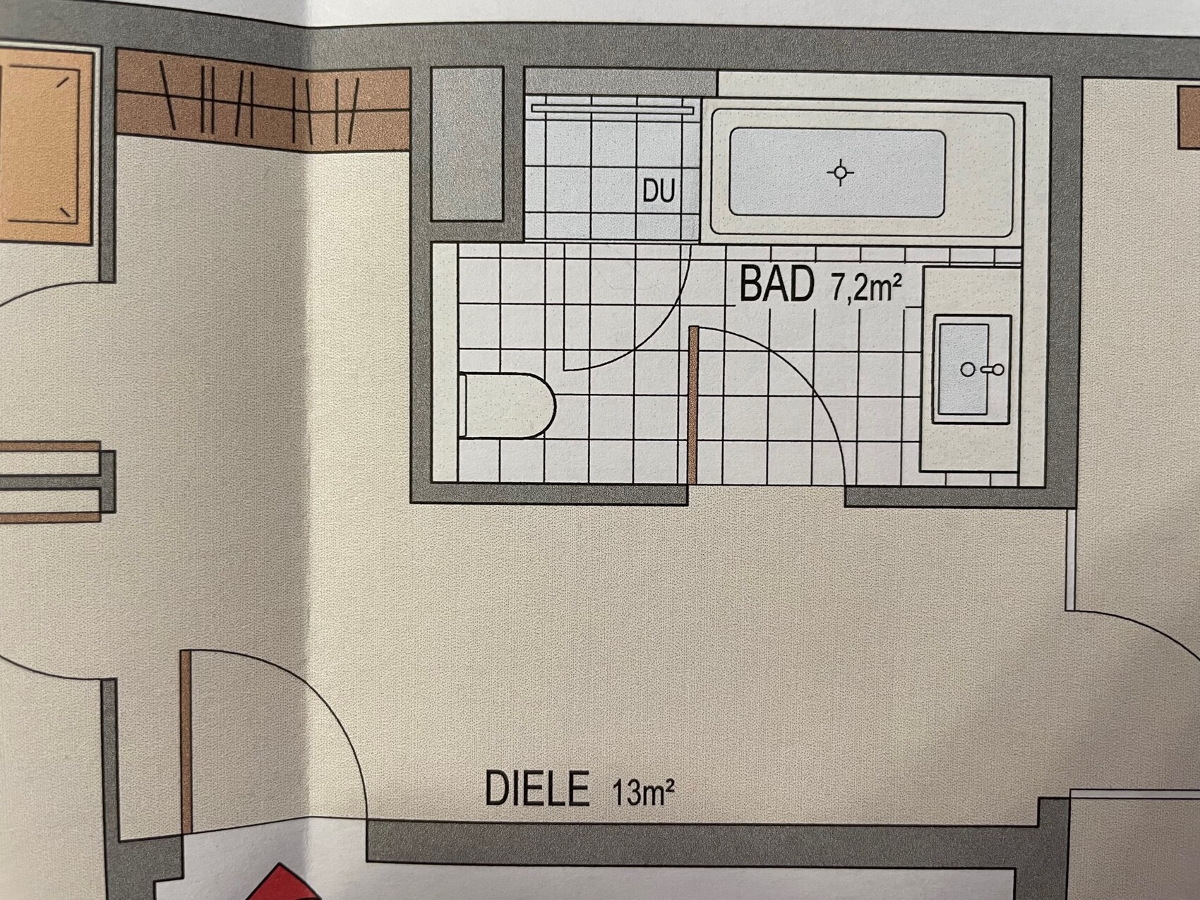 2D bathroom floor plan with shower, toilet, and washbasin next to hallway in the floor plan